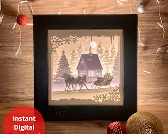 Horses and Sleigh Paper Cutting Holiday 3D Shadow Box Lightbox Template, 3D Shadowbox SVG PNG PDF Layered Papercut Cricut Download Light Box
