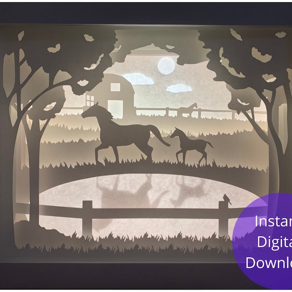 Horses 3 Paper Cut Light box Template, Horse Farm Shadowbox, 3D Layered Papercut Template, Cricut Cutting Digital Download Light Box, DIY