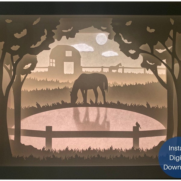 Horse Paper Cut Light box Template, Horse Farm Shadowbox, 3D Layered Papercut Template, Cricut Cutting Digital Download Light Box, DIY