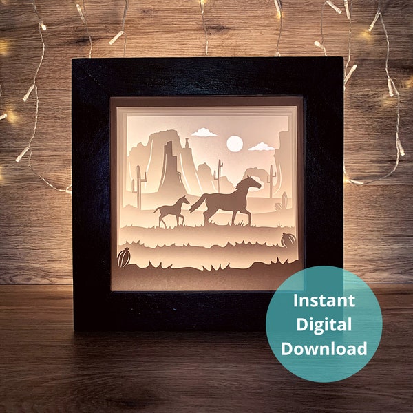 Horses in Canyon 3D Paper Cutting Shadow Box Lightbox Template, 3D Western Shadowbox SVG PNG Layered Papercut 3D Cricut Download Light Box