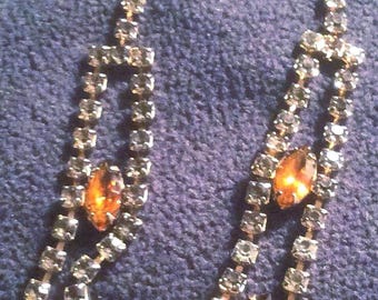 Three piece Set - Vintage necklace and earrings  with marquis shaped amber stones