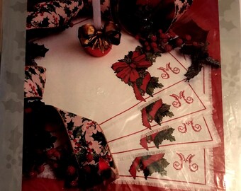 Candemar Designs Inc. - Something Special Table Decor Counted Cross Stitch "Bows and Holly" Kit # 50609. Set of 4 Place Mats 18" x 13" each.