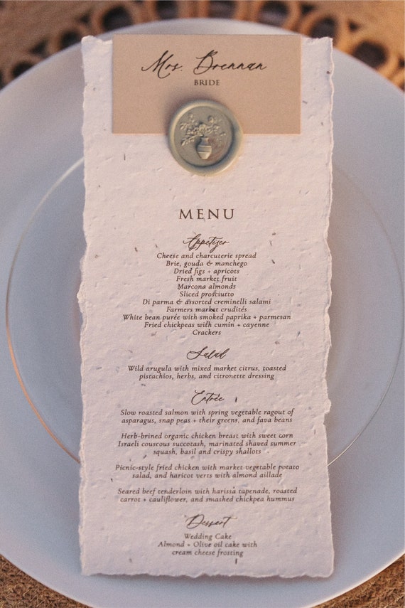 Plantable Paper Tomato Seed Menu with Wedding Namecards with Wax Seal Ideal for Eco-friendly Nuptials