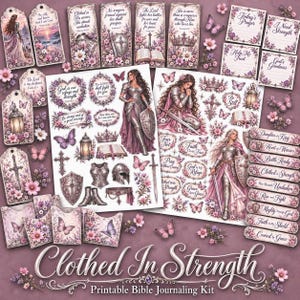 May include: A printable Bible journaling kit featuring sheets of stickers and tags with illustrations of armored figures, shields, swords, crowns, lanterns, butterflies, and floral motifs, accompanied by religious text and phrases.