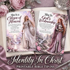May include: Two rectangular cards featuring illustrations of women in armor. The left card reads She Is a Citizen of Heaven with Bible verse Philippians 3:20. The right card reads She Is God's Workmanship with Ephesians 2:10. Both include floral accents.