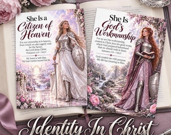 May include: Two rectangular cards featuring illustrations of women in armor. The left card reads She Is a Citizen of Heaven with Bible verse Philippians 3:20. The right card reads She Is God's Workmanship with Ephesians 2:10. Both include floral accents.