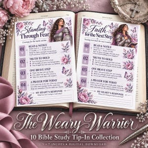 May include: Two rectangular Bible study cards titled Standing Through Fear and Faith for the Next Step. Each card features a woman in armor, purple floral accents, and numbered sections with text prompts for reading, truth, steps, and prayer.