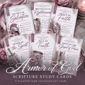 May include: Six Armor of God scripture study cards featuring illustrations of a helmet, breastplate, shield, sword, belt, and boots. Each card includes religious text, floral accents, and a dusty rose colour palette. The cards measure 5x7 inches.