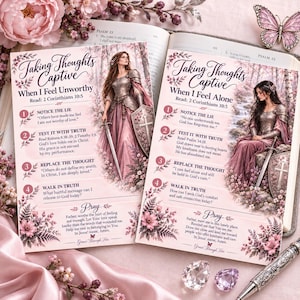 May include: Two rectangular cards titled Taking Thoughts Captive, featuring illustrations of a woman in armor with a sword and shield. The cards include text prompts for noticing lies, testing with truth, replacing thoughts, and prayer.