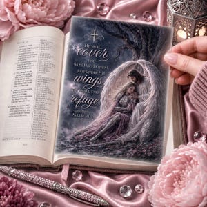 Op de afbeelding: Een open Bijbel met Psalm 23 op de linkerpagina en een illustratie op de rechterpagina met een engel met grote vleugels die een persoon in harnas beschermt. De tekst luidt: He shall cover you with His feathers, and under His wings you shall take refuge! Psalm 91:4.
