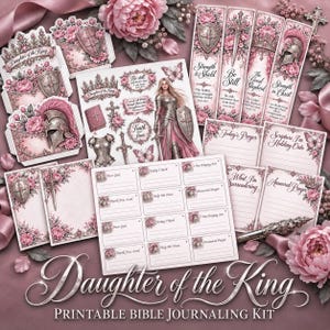 Puede incluir: Un kit de diario bíblico imprimible con motivos florales rosas, escudos, espadas e ilustraciones de armaduras. Incluye marcapáginas con texto, tarjetas de oración y una imagen central de una figura guerrera con el texto Daughter of the King.