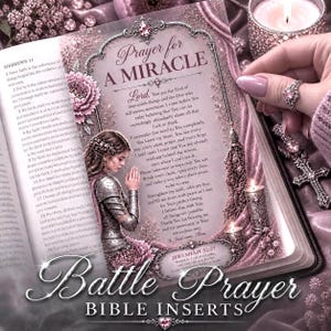 May include: A printed page titled Prayer for a Miracle featuring a decorative silver frame, a kneeling figure in armour, and floral accents. The text includes a prayer and Jeremiah 32:27. The page is set against a soft pink background with candles.