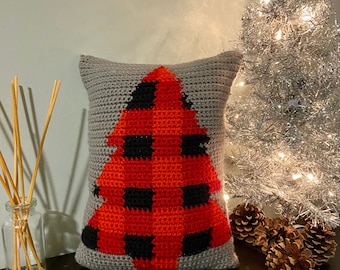 Crochet Christmas Tree Pillow: Buffalo Plaid Holiday Decor