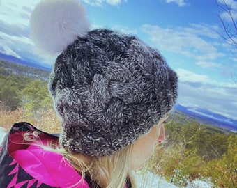 Cable Knit Beanie with Faux Fur Pom - Gray Acrylic Winter Hat