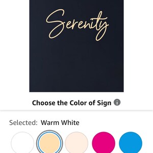 May include: A digital interface showing a customisable sign with the word "Serenity" in a cursive font. The background is dark blue, and colour options are displayed below, including warm white, pink, and blue.