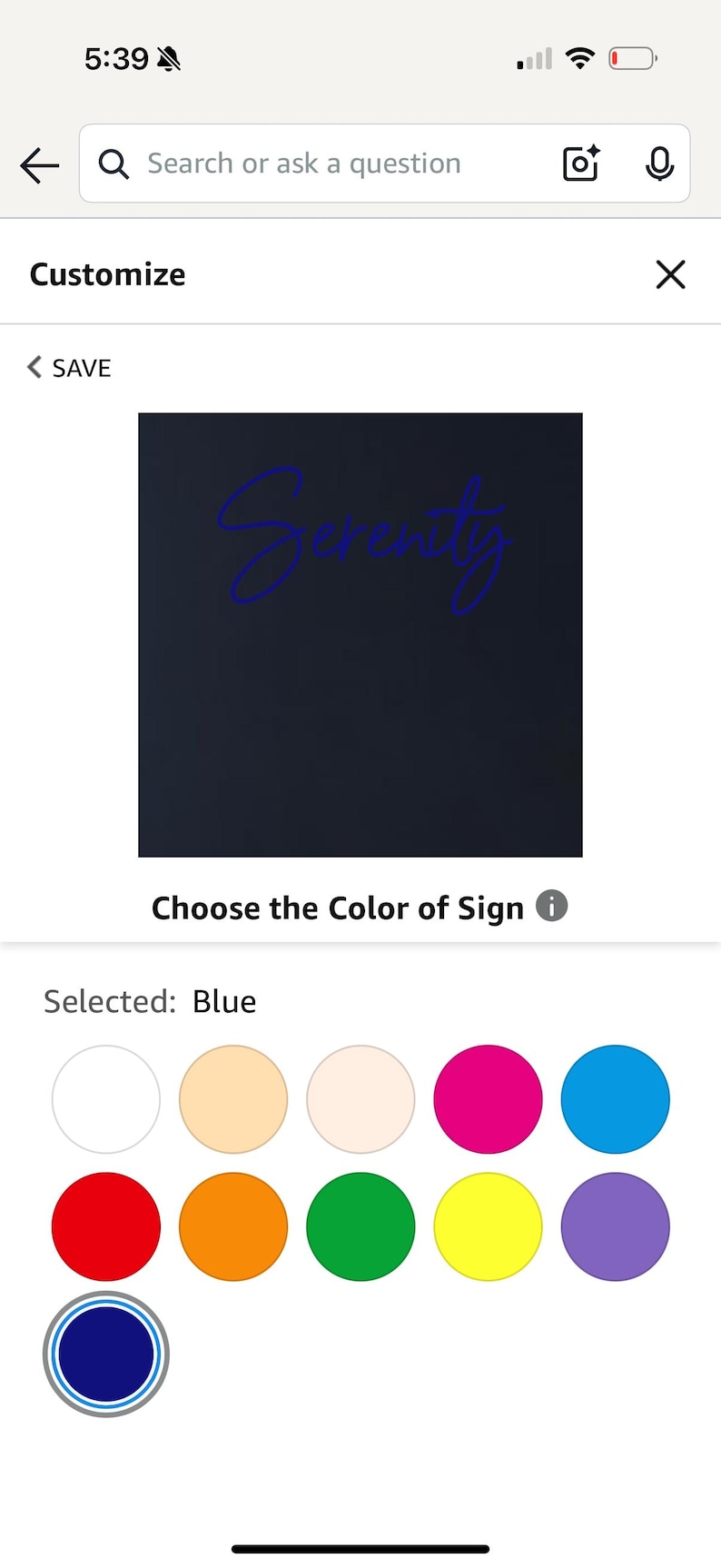 May include: A customisable sign displaying the word "Serenity" in blue script against a dark backdrop. The image presents colour choices, such as white, pink, red, and blue. The interface enables users to choose a colour for the sign.