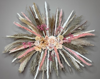 Neutral Pampas Grass Wall Decor | Beige White & Light Pink Boho Wall Hanging | Modern Farmhouse Floral Wall Art | Bohemian Home Decor