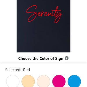 May include: A digital image of a sign with the word "Serenity" in red script on a dark background. Colour options are shown, with red selected. The Etsy interface is visible.