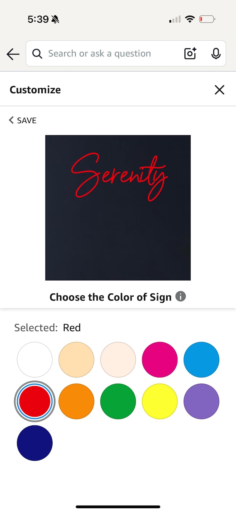 May include: A digital image of a sign with the word "Serenity" in red script on a dark background. Colour options are shown, with red selected. The Etsy interface is visible.