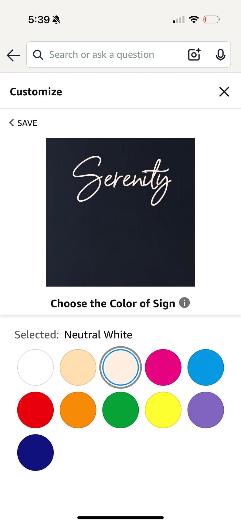 May include: A sign with the word "Serenity" in cursive script on a dark navy blue background. Below, colour options are shown, including white, pink, and blue. The image is from a customisation interface.