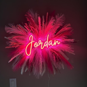 Custom Neon Sign with Pampas Grass Backdrop - Salon Decor, Boho Wall Hanging, Dorm Room Wall Hanging image 1