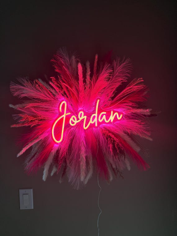 Custom Neon Sign with Pampas Grass Backdrop - Salon Decor, Boho Wall Hanging, Dorm Room Wall Hanging