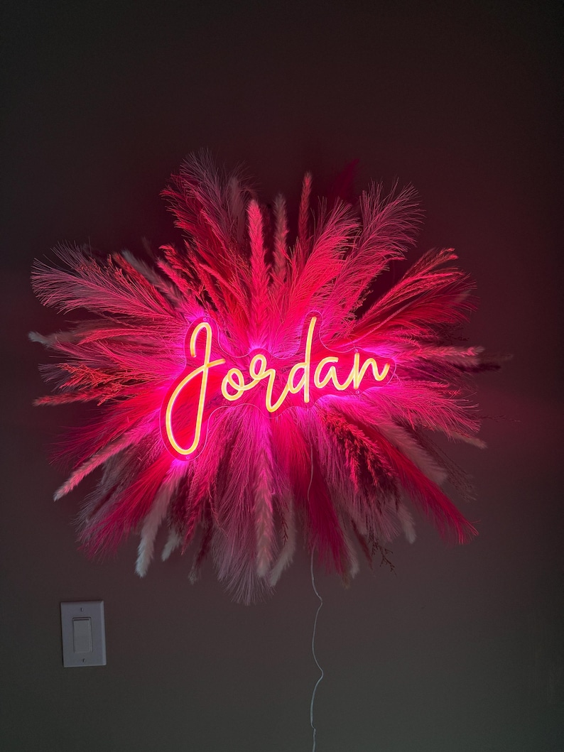Custom Neon Sign with Pampas Grass Backdrop - Salon Decor, Boho Wall Hanging, Dorm Room Wall Hanging image 1