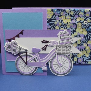 Cartão roxo da bicicleta da tela da liberdade | cartão feito à mão, Wiltshire, bicicleta retrô, celebração, casamento, aniversário, cartão moderno | item feito à mão