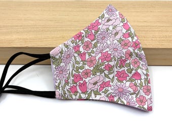 Mascarilla facial de tela Liberty: estampado floral rosa y lila brillante, mascarilla de hadas, reversible, triple capa.