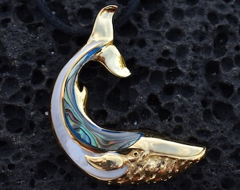 18K Gold Vermeil Whale Necklace Pendant. Abalone Shell. Mother of Pearl.