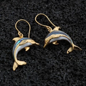 18K Gold Vermeil Aumakua Dolphins Earrings. Abalone Paua Shell, Mother of Pearl, 18K Gold, Sterling Silver. image 2