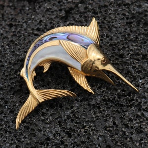 18K Gold Vermeil Aumakua Marlin Fish Necklace Pendant. Abalone Paua Shell, Mother of Pearl. Gift for Real Fisherman. Billfisher Kona.
