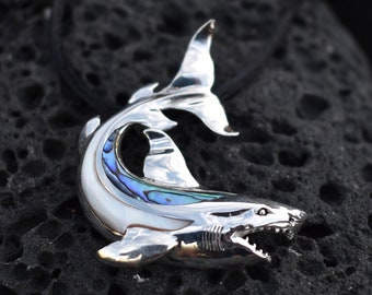 Shark Necklace Pendant. Sterling Silver. Abalone Shell. Mother of Pearl.