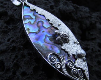 Abalone Sea Turtle Pendant | Sterling Silver Wave Necklace