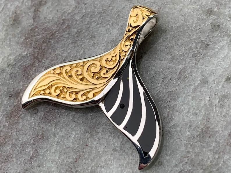 Hawaiian Islands Whale Tail Pendant Necklace. Kauai, Oahu, Maui, Big Island of Hawaii. Gold, Silver, Mother of Pearl. image 6