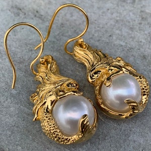 18k gold vermeil white mabe pearl mermaid earrings.