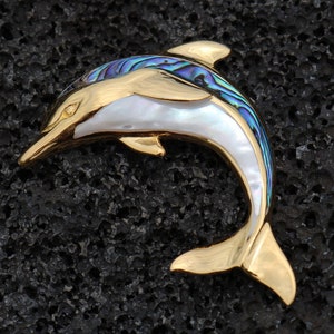 18K Gold Vermeil Aumakua Dolphin Necklace Pendant. Abalone Paua Shell, Mother of Pearl, Sterling Silver, 18K Gold.