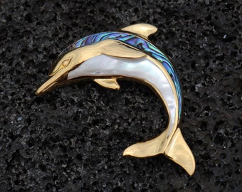 18K Gold Vermeil Aumakua Dolphin Necklace Pendant. Abalone Paua Shell, Mother of Pearl, Sterling Silver, 18K Gold.