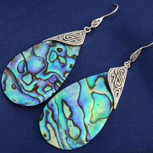 Abalone Shell Teardrop Earrings Tribal Design. Sterling Silver.