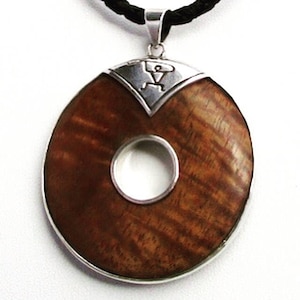 Hawaii Paddler Petroglyph Disc Pendant Necklace | Koa Wood | Sterling Silver | Ocean | Beach | Gift | Jewelry | Handmade | Unique