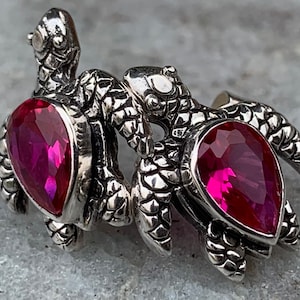 Ruby turtle earrings studs. Sterling silver.
