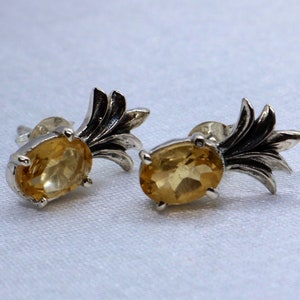 Pineapple citrine stud earrings. Sterling silver.