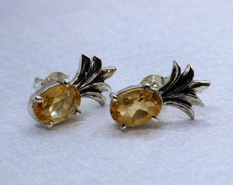 Pineapple citrine stud earrings. Sterling silver.