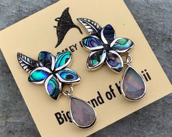 Plumeria Opal Earrings Studs. Abalone shell, Silver.
