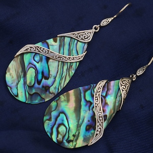 Abalone Shell Teardrop Earrings Double Tribal Design. Sterling Silver.