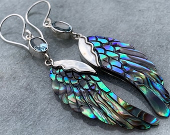 天使の羽のイヤリング | パウアアワビ貝 | スターリングシルバー | ブルートパーズ | ギフト | ジュエリー | ハンドメイド | ユニーク