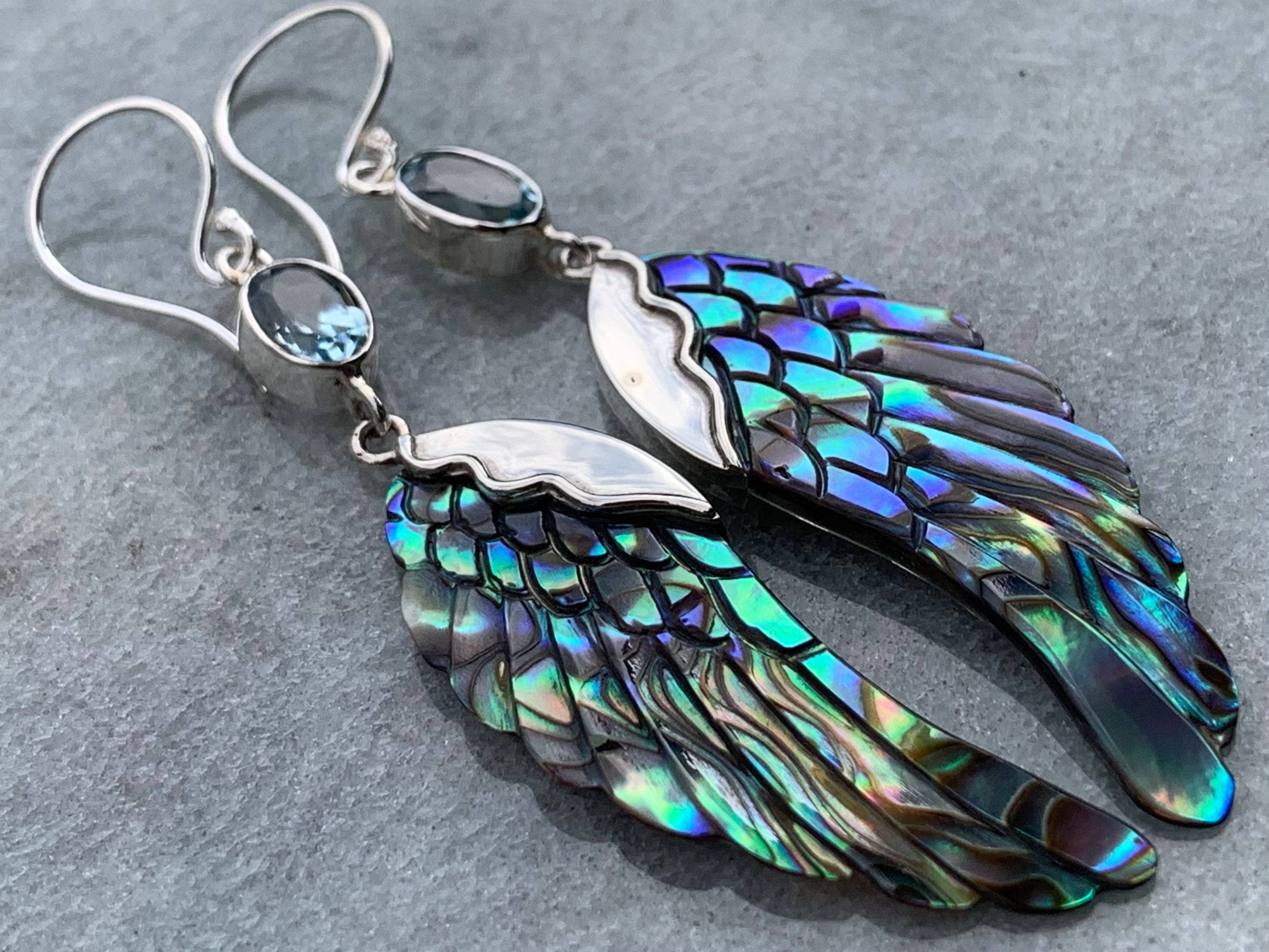 Angel Wings Earrings | Paua Abalone Shell | Sterling Silver