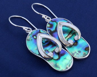Beach Slippers Flip Flops Charm Earrings. Sterling Silver, Mother of Pearl, Abalone Shell.