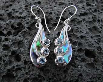 Handmade Sterling Silver Waterfall Earrings | Blue Topaz & Abalone