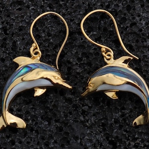 18K Gold Vermeil Aumakua Dolphins Earrings. Abalone Paua Shell, Mother of Pearl, 18K Gold, Sterling Silver. image 1